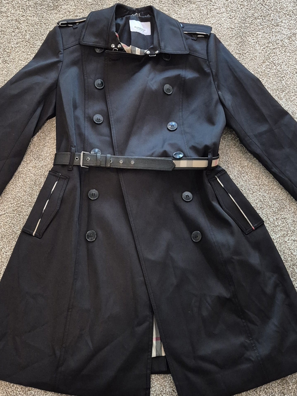 Burberry Women’s Black Double-Breasted Trench with Signature Check Trim - Picture 2 of 7